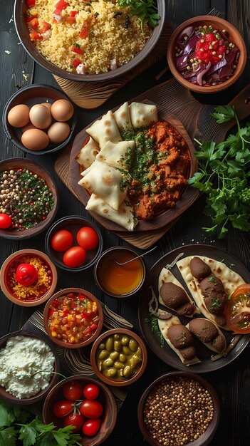 ein Tisch mit Essen, darunter Eier, Fleisch und Gemüse