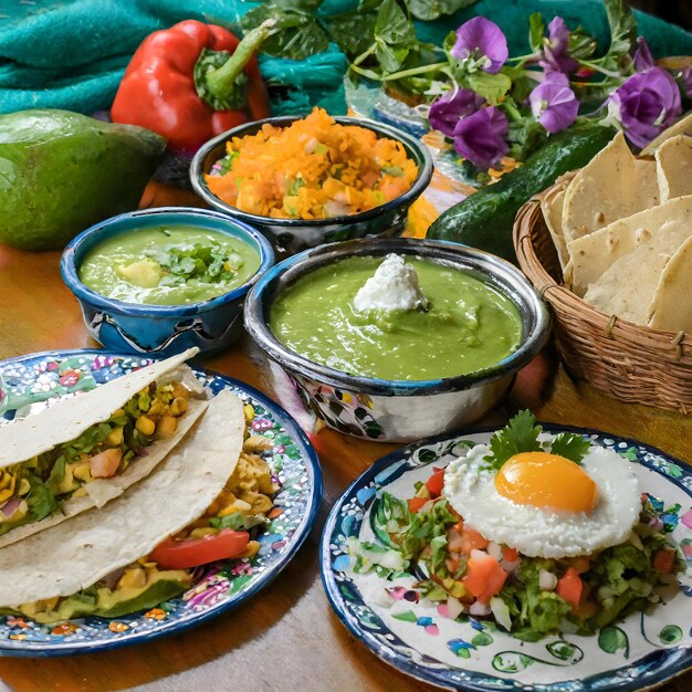 ein Tisch mit Essen, darunter Eier, Salsa, Guacamole und Tortillas