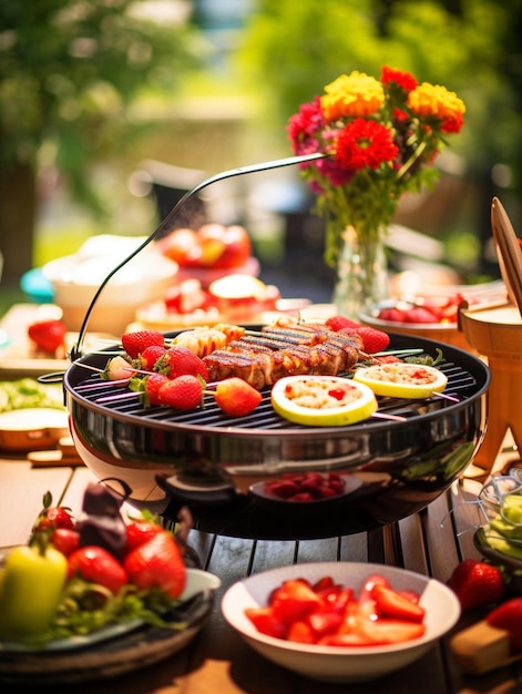 Ein Tisch mit Essen und Blumen darauf