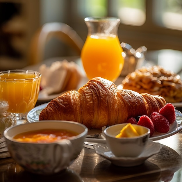 ein Tisch mit Essen und Getränken, darunter Croissants, Obst und Saft.