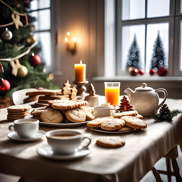 Foto ein tisch mit für weihnachten geschmückten snacks