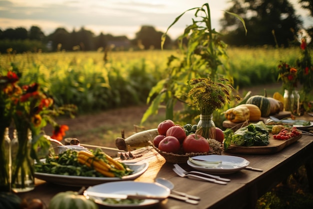 Ein Tisch mit Gemüse und Obst auf einem Bauernhof mit einem Maisfeld im Hintergrund.