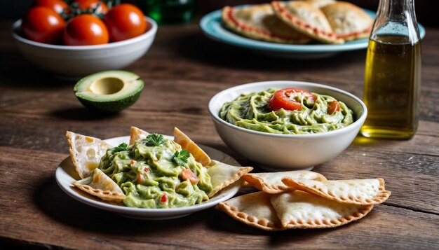 Foto ein tisch mit geschirr mit guacamole, guacamole und tortillas