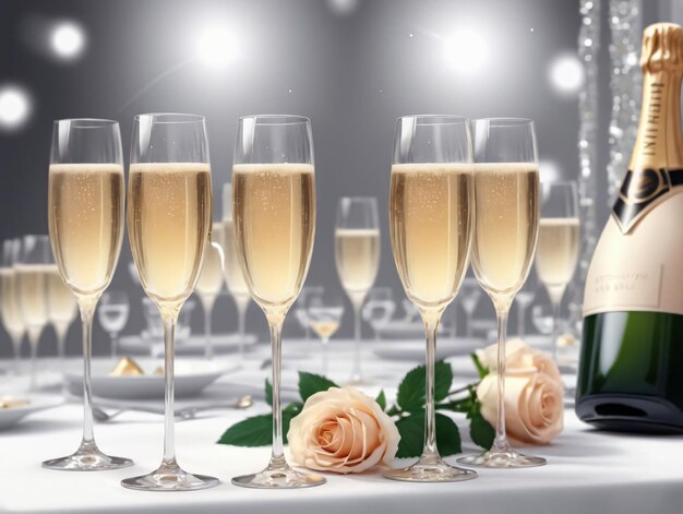 Ein Tisch mit Gläsern Champagner und einer Flasche Wein