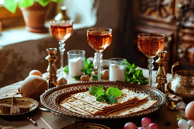 ein Tisch mit Gläsern Wein und einem Teller mit Essen darauf