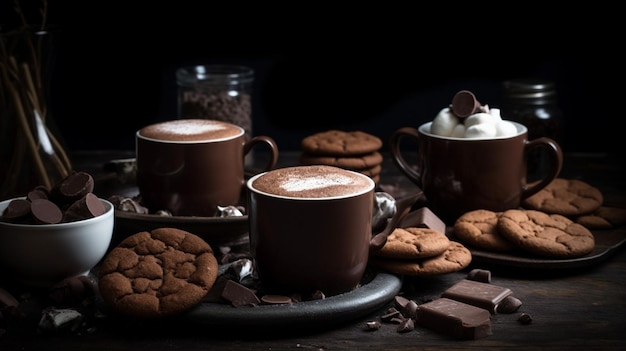 Ein Tisch mit Kaffeetassen und Keksen darauf