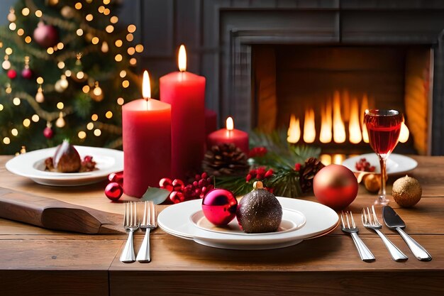 Ein Tisch mit Kamin und ein Weihnachtsbaum mit Kerzen und einem Kamin im Hintergrund.
