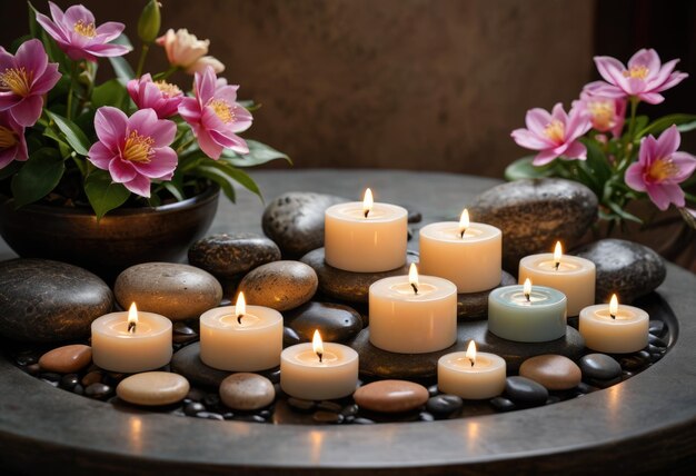 ein Tisch mit Kerzen und Blumen und eine Vase mit Blumen darauf