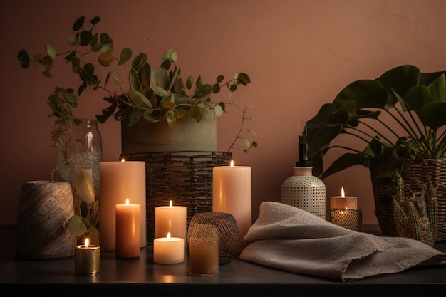 Ein Tisch mit Kerzen und einer Pflanze darauf