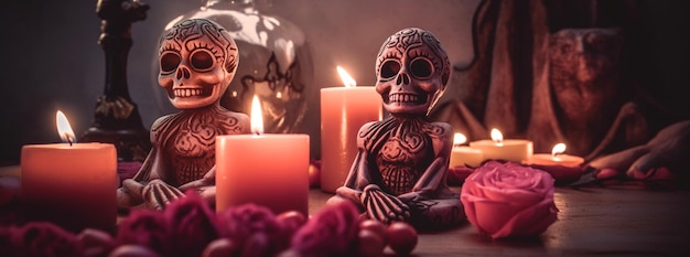 Ein Tisch mit Kerzen und Totenköpfen mit einem Totenkopf darauf Mexikanischer bunter Totenkopf Cinco de Mayo