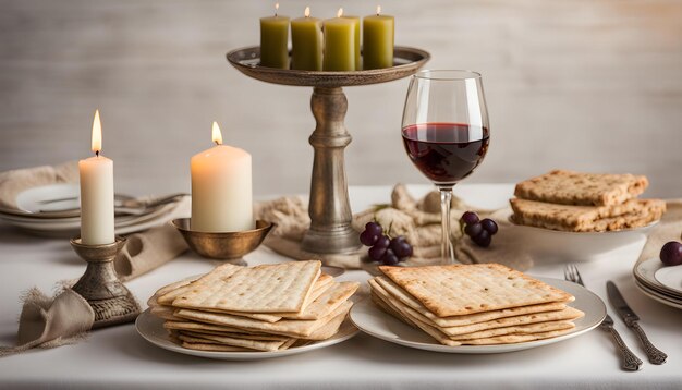 ein Tisch mit Kerzencrackern und Crackern mit einer Kerze und einem Glas Wein