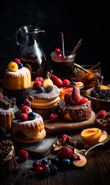 Ein Tisch mit Kuchen, die mit Glasur und Obst bedeckt sind, ein köstliches Sortiment von Kuchen, das mit farbenfrohen Glasuren und frischen Früchten geschmückt ist