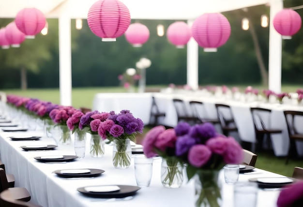 Foto ein tisch mit lila und rosa laternen und lila blumen