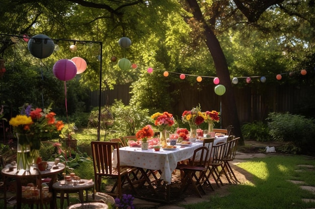 Foto ein tisch mit luftballons und einer tischdecke mit einer geburtstagsfeier darauf