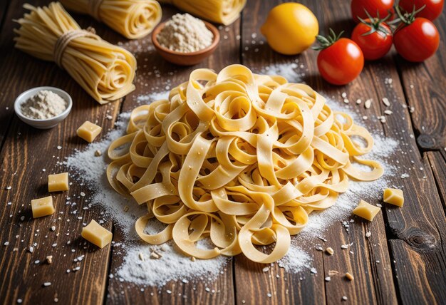 ein Tisch mit Nudeln und Gemüse, einschließlich Nudelen und Tomaten