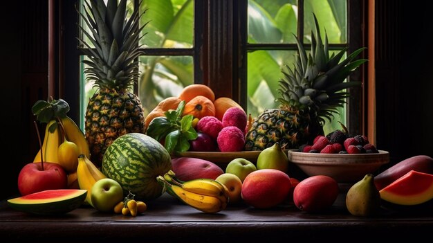 Ein Tisch mit Obst, darunter Bananen, Mangos und andere Früchte.