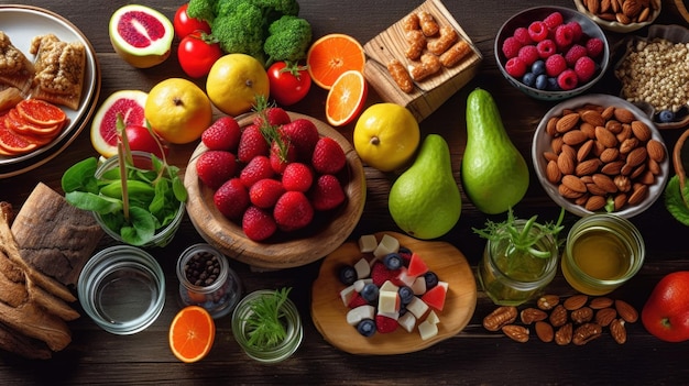 ein Tisch mit Obst und Gemüse, darunter Kiwi, Kiwi und einem Obstkorb.