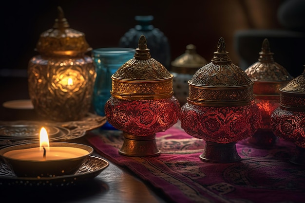 Ein Tisch mit orientalischen Lampen und einer Tasse Tee