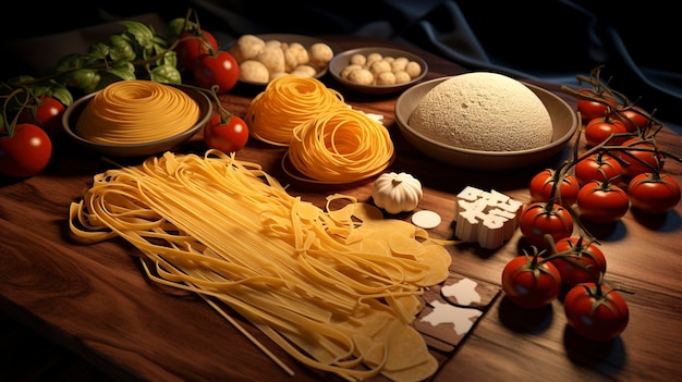 ein Tisch mit Pasta, Gemüse und Pilzen