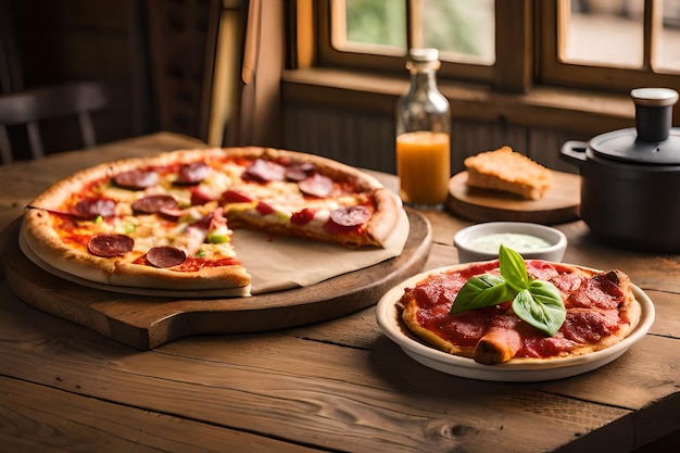 Ein Tisch mit Pizza und einem Glas Orangensaft