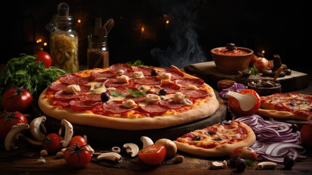 ein Tisch mit Pizzen und einer Flasche Olivenöl