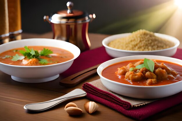Foto ein tisch mit schüsseln mit essen, darunter eine schüssel curry und eine schüssel reis.