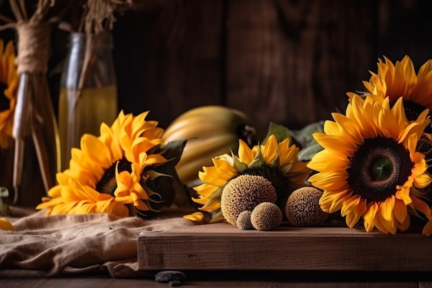 Ein Tisch mit Sonnenblumen und einem Glas Honigtau