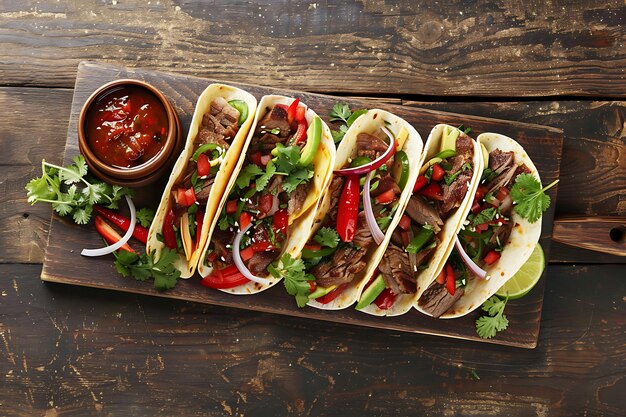 ein Tisch mit Speisen, darunter Tortillas, Tomaten, Salat und Tomaten