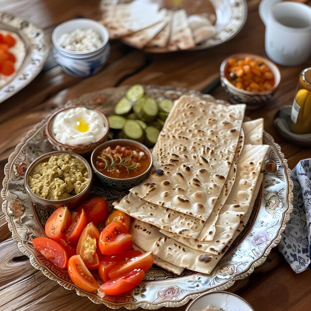 ein Tisch mit Speisen, darunter Tortillas, Tomaten und Salsa