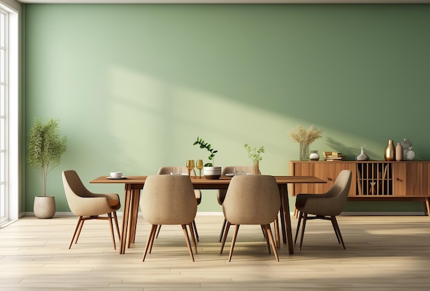 Ein Tisch mit Stühlen in einem Wohnzimmer mit grünen Wänden