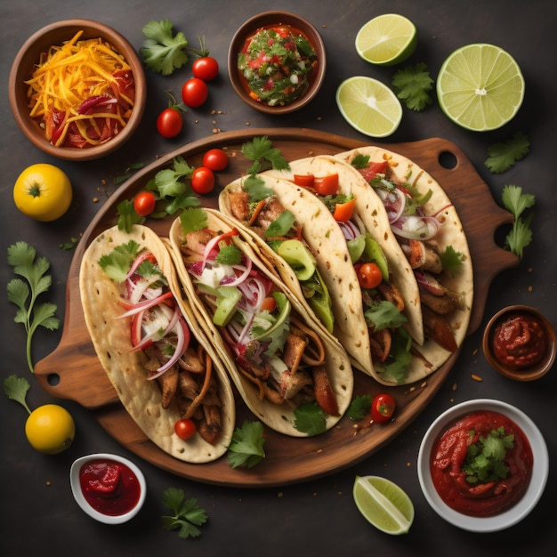 Ein Tisch mit Tacos, einer Vielzahl von Zutaten, darunter Tacos, Zitronen und Limetten.