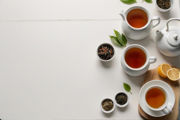 ein Tisch mit Tee, Tee und Teekannen darauf