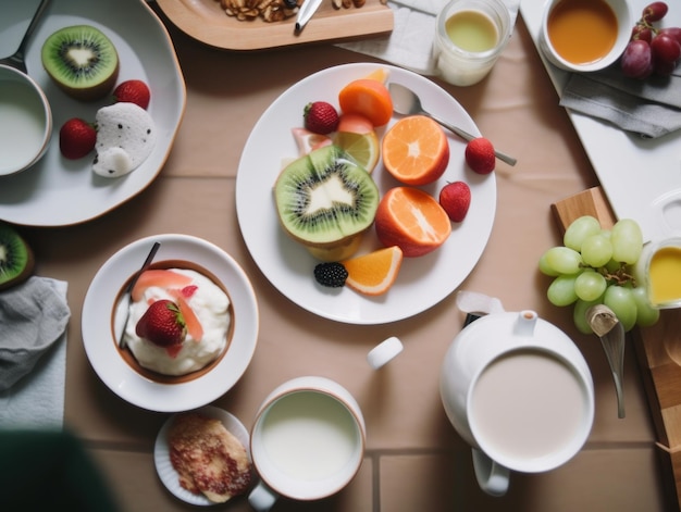 Ein Tisch mit Tellern mit Essen und Tassen Kaffee. Generatives KI-Bild