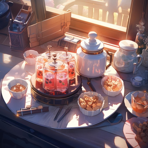 Ein Tisch mit Tellern voller Essen neben einem Fenster. Generatives KI-Bild