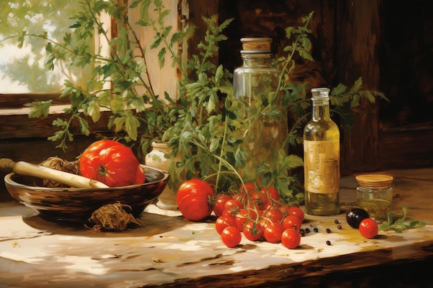 ein Tisch mit Tomaten und einer Flasche Olivenöl.