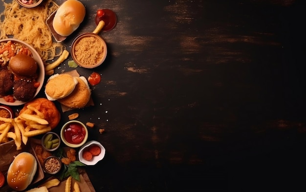 Ein Tisch mit verschiedenen Hamburgern und anderen Speisen darauf