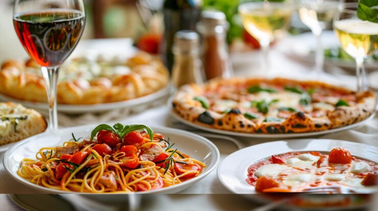 Foto ein tisch mit verschiedenen italienischen speisen, einschließlich einer pizza-pasta und einem salat