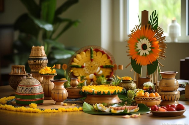 ein Tisch mit vielen Schüsseln mit Essen und Blumen darauf