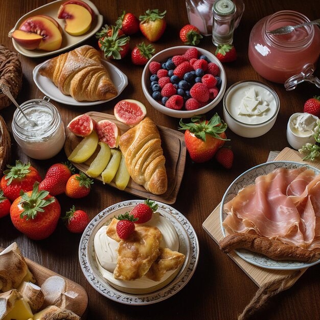 ein Tisch mit vielen Teller mit Essen, darunter Croissants, Erdbeeren und Croissants.