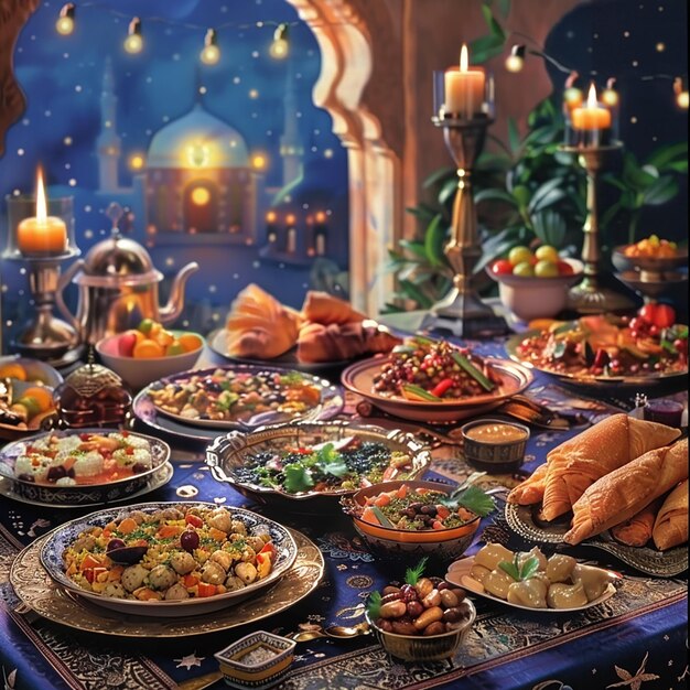ein Tisch mit vielen Teller mit Essen, darunter eine Teekanne, eine Kerze und eine Kerze
