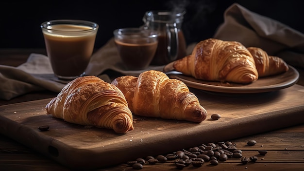 Ein Tisch mit zwei Croissants und Kaffeebohnen