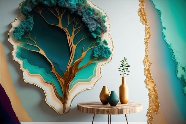 Ein Tisch mit zwei Vasen und einem Gemälde an der Wand generative KI