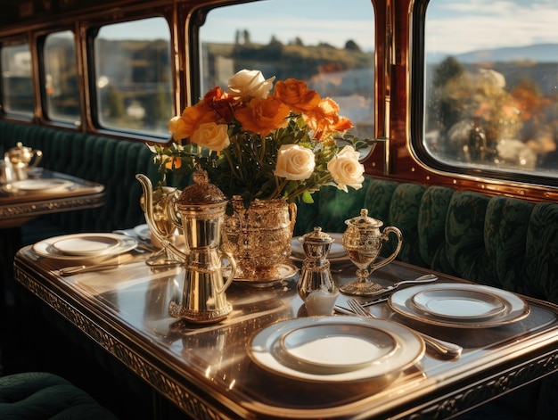 Ein Tisch, Stuhl und Esszimmergarnitur in einem Zug im Stil romantisierter Ausblicke auf natürliches Licht durch Fenster. Generative KI
