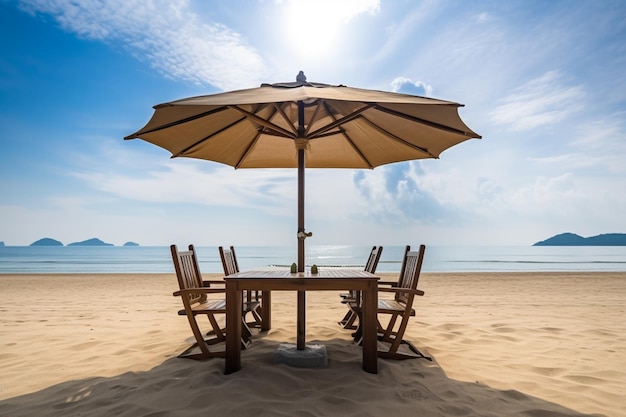 Foto ein tisch und stühle am strand mit einem großen sonnenschirm, auf dem steht: „niemand darf darunter sitzen.“