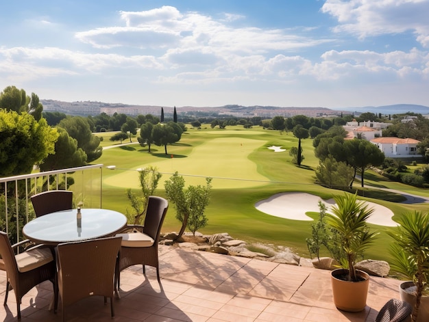 ein Tisch und Stühle auf einem Deck mit Golfplatz und Bäumen