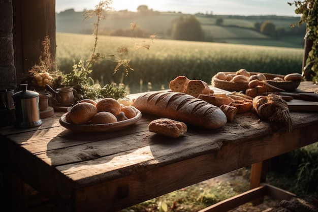 Ein Tisch voller Brot und Eier mit Blick auf das Feld im Hintergrund