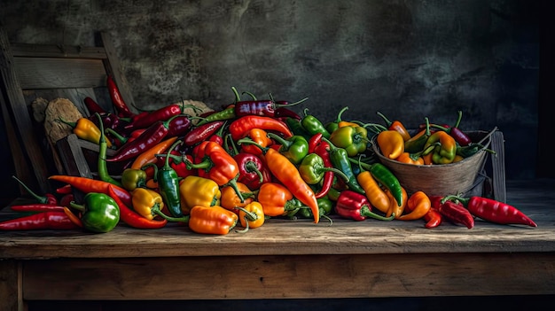 Ein Tisch voller bunter Paprika mit einer Schüssel mit roten und grünen Paprika im Hintergrund.