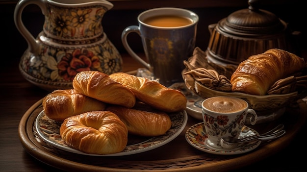 Ein Tisch voller Croissants und einer Tasse Kaffee