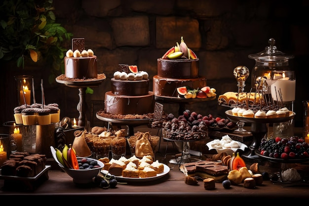 Ein Tisch voller Desserts, darunter ein Schokoladendessert und ein Kuchen.