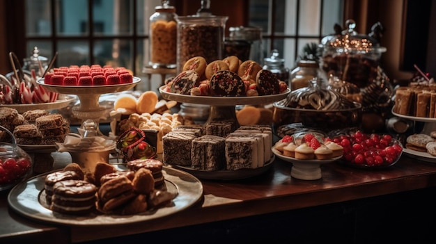 Ein Tisch voller Desserts und Gebäck